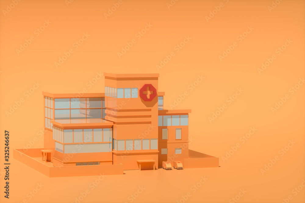 Hospital model with orange background,abstract conception,3d rendering.