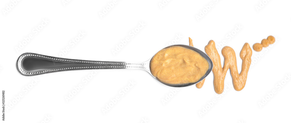 Spoon with tasty sauce on white background