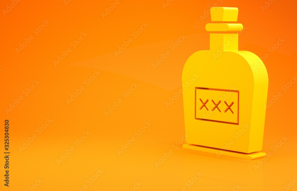 Yellow Alcohol drink Rum bottle icon isolated on orange background. Minimalism concept. 3d illustrat