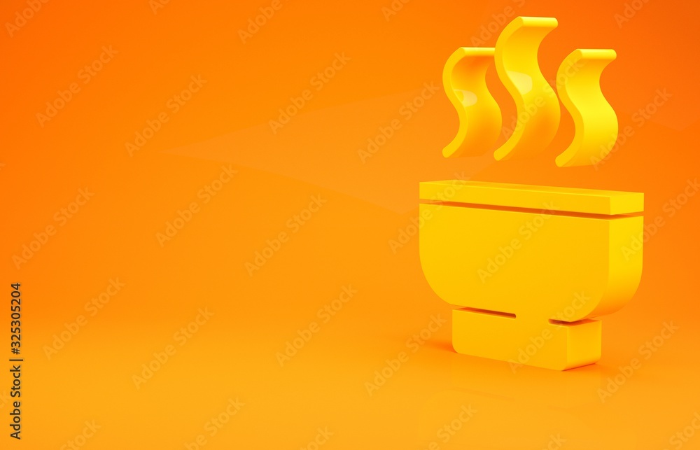 Yellow Traditional Chinese tea ceremony icon isolated on orange background. Teapot with cup. Minimal