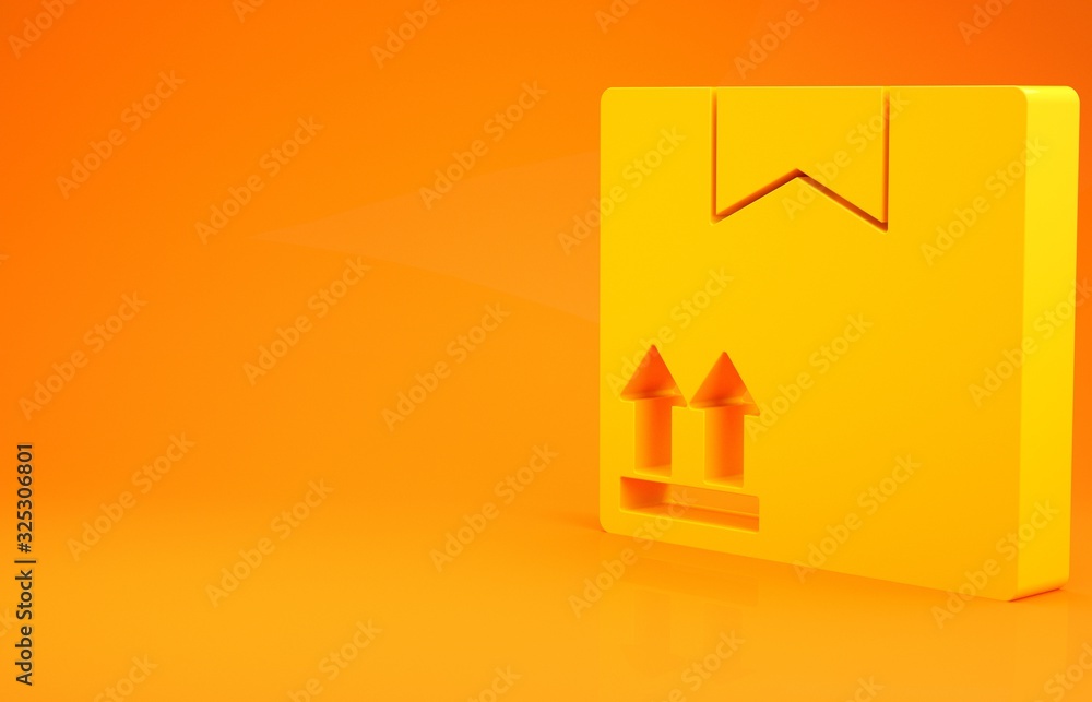 Yellow Cardboard box with traffic symbol icon isolated on orange background. Box, package, parcel. D