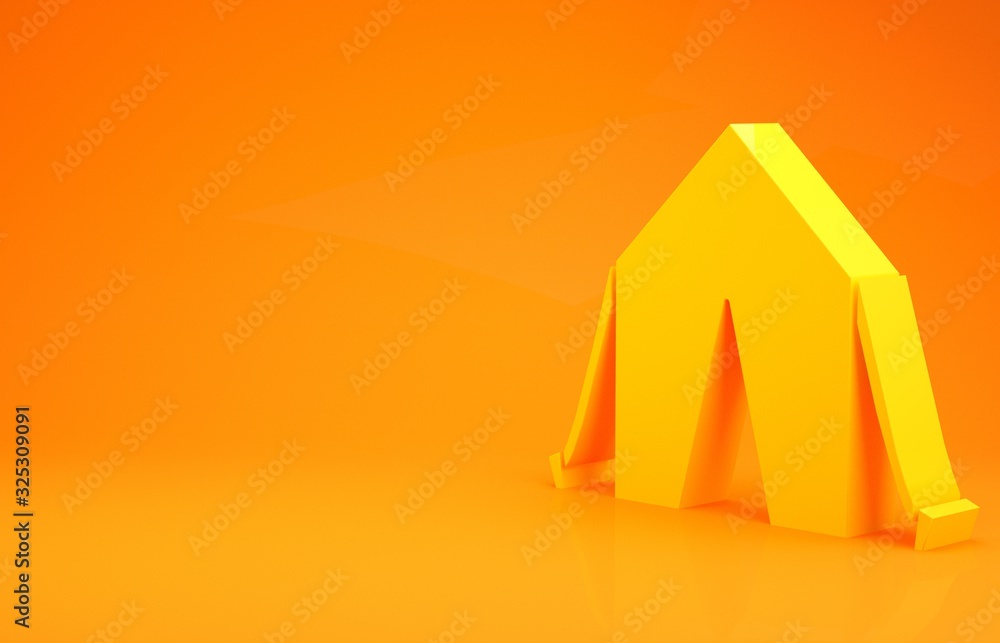 Yellow Tourist tent icon isolated on orange background. Camping symbol. Minimalism concept. 3d illus