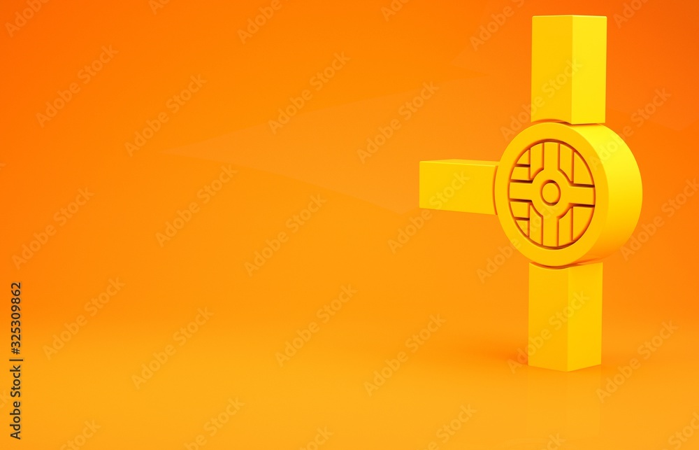 Yellow Industry metallic pipes and valve icon isolated on orange background. Minimalism concept. 3d 