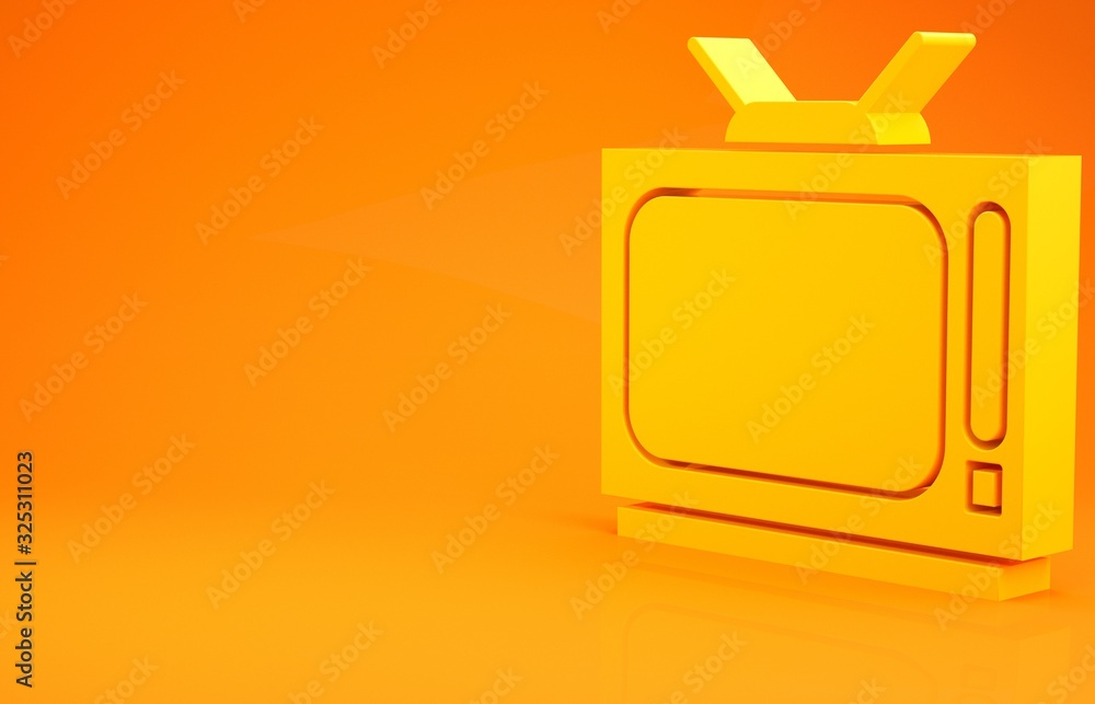 Yellow Retro tv icon isolated on orange background. Television sign. Minimalism concept. 3d illustra