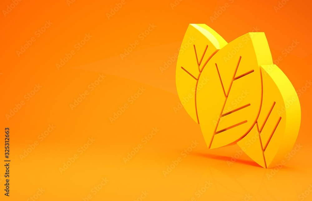 Yellow Leaf icon isolated on orange background. Leaves sign. Fresh natural product symbol. Minimalis