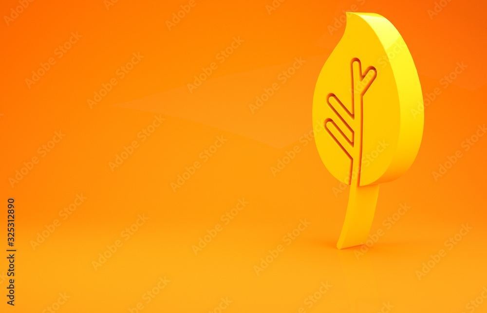 Yellow Leaf icon isolated on orange background. Leaves sign. Fresh natural product symbol. Minimalis