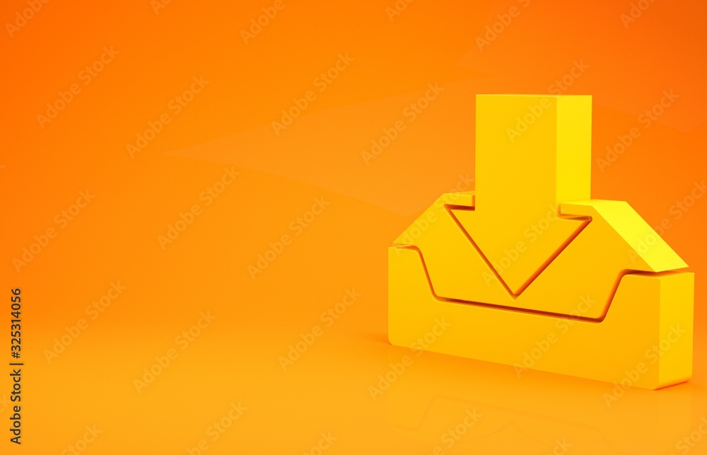 Yellow Download inbox icon isolated on orange background. Minimalism concept. 3d illustration 3D ren