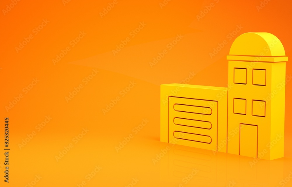 Yellow Building of fire station icon isolated on orange background. Fire department building. Minima