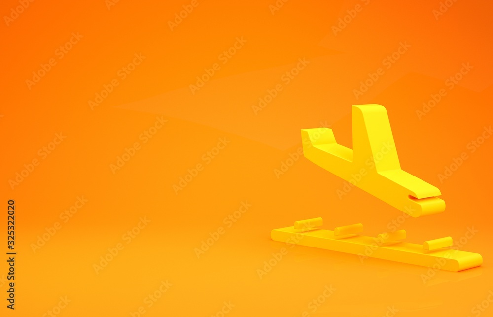 Yellow Plane landing icon isolated on orange background. Airplane transport symbol. Minimalism conce