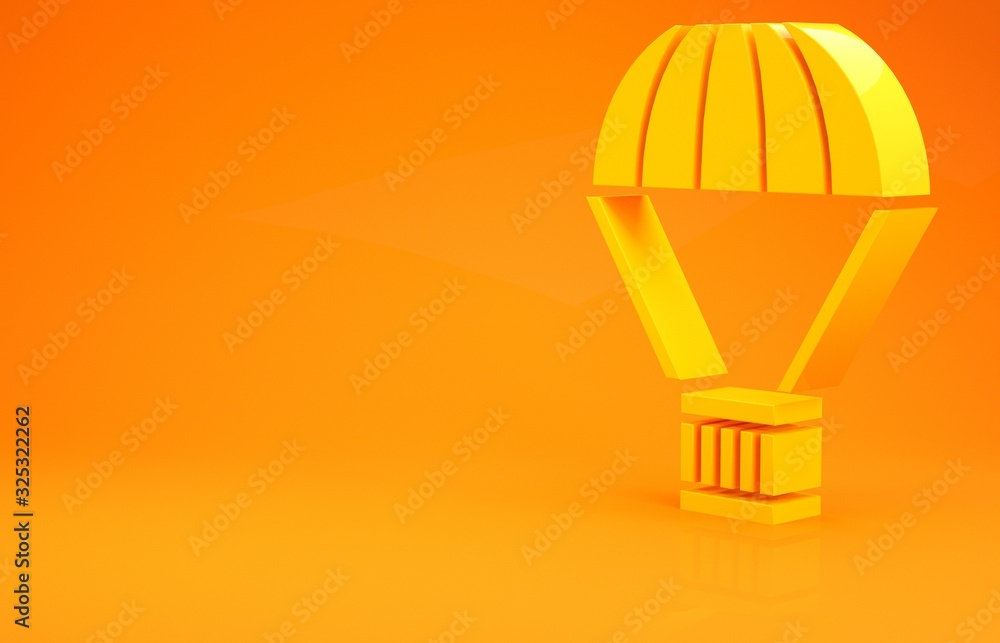 Yellow Box flying on parachute icon isolated on orange background. Parcel with parachute for shippin