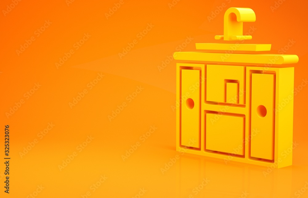 Yellow Washbasin cabinet with water tap icon isolated on orange background. Minimalism concept. 3d i