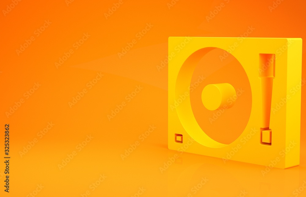 Yellow Vinyl player with a vinyl disk icon isolated on orange background. Minimalism concept. 3d ill