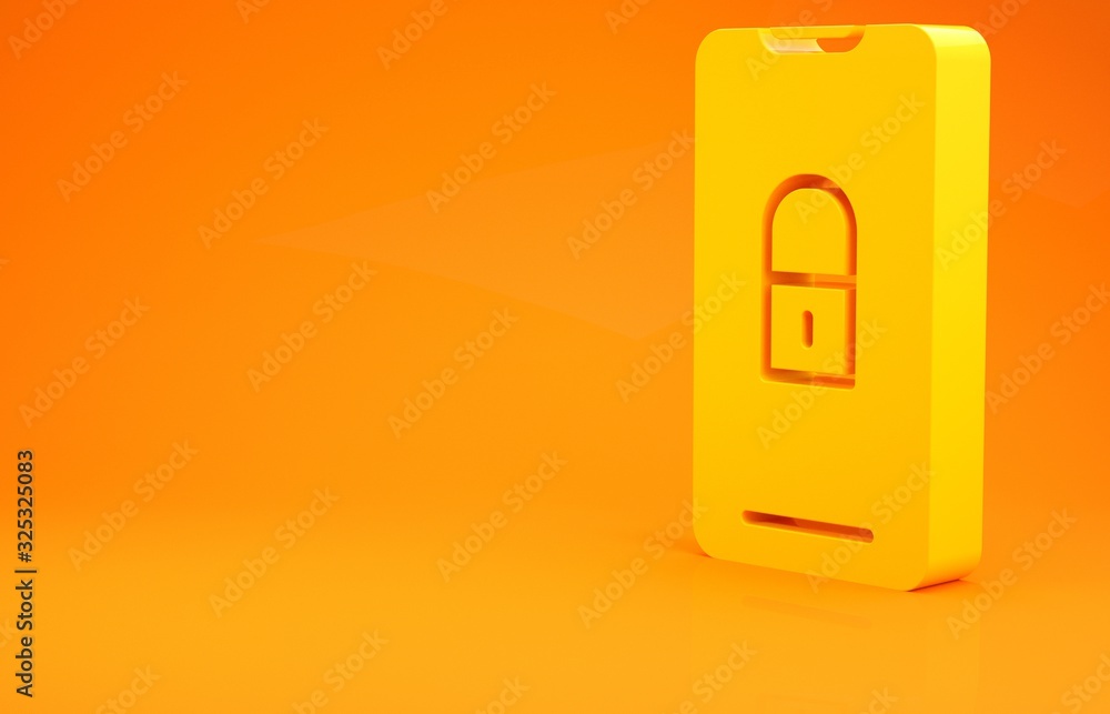 Yellow Smartphone with closed padlock icon isolated on orange background. Phone with lock. Mobile se