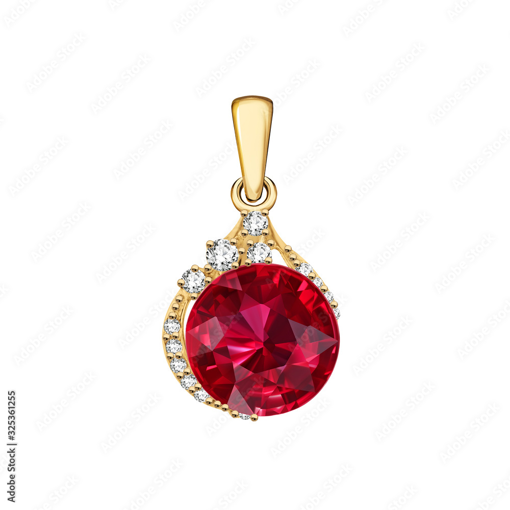 Pendant (suspension) of Gold with Diamonds and natural big Ruby (isolated from white background) 