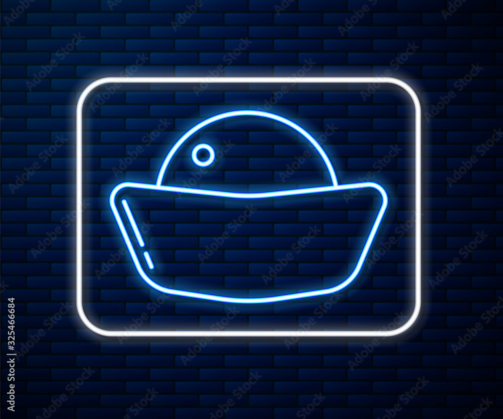 Glowing neon line Sushi icon isolated on brick wall background. Traditional Japanese food.  Vector I