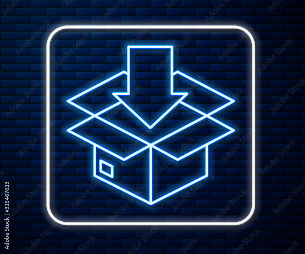 Glowing neon line Cardboard box with traffic symbol icon isolated on brick wall background. Box, pac