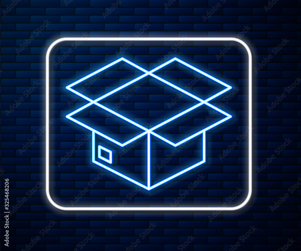 Glowing neon line Carton cardboard box icon isolated on brick wall background. Box, package, parcel 