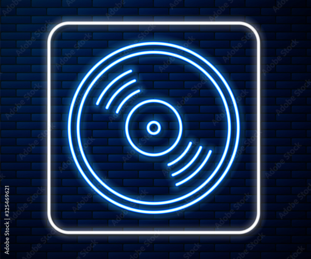 Glowing neon line Vinyl disk icon isolated on brick wall background.  Vector Illustration