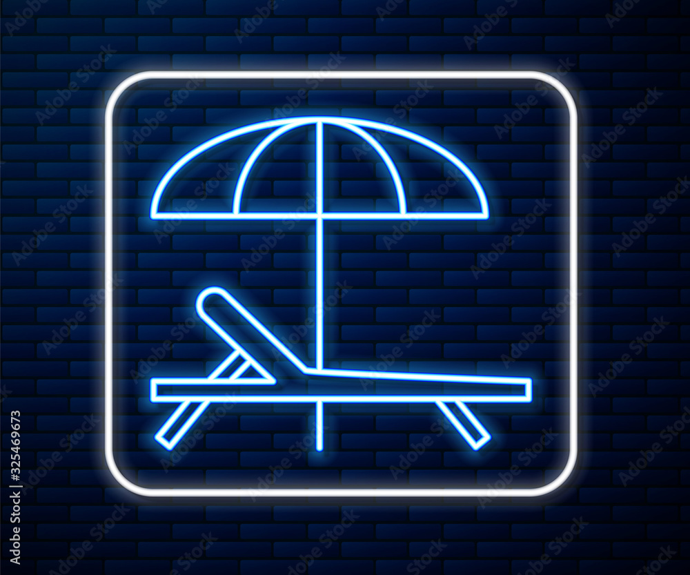 Glowing neon line Sunbed icon isolated on brick wall background. Beach umbrella and Sun lounger.  Ve