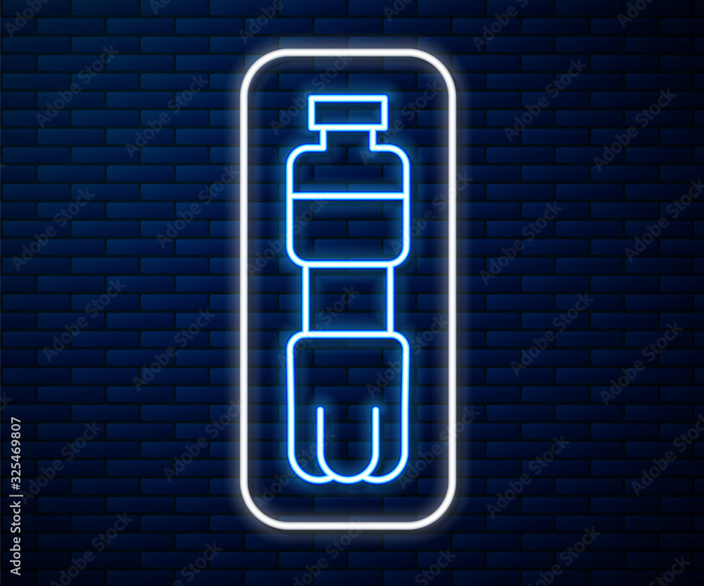 Glowing neon line Bottle of water icon isolated on brick wall background. Soda aqua drink sign.  Vec