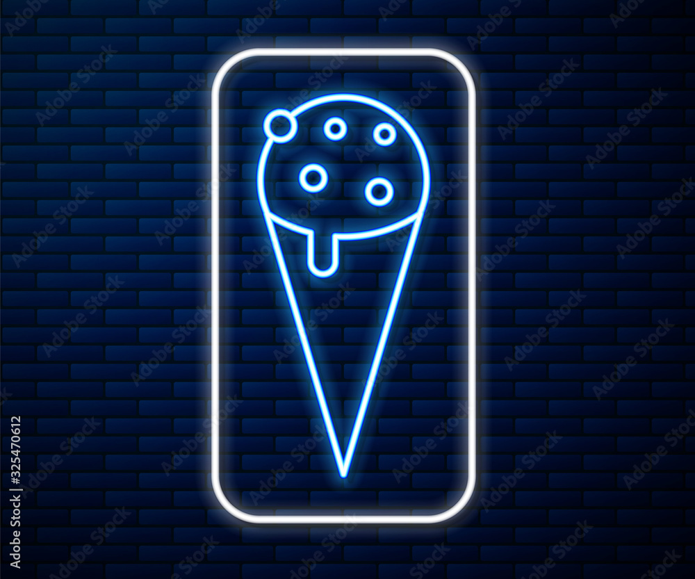 Glowing neon line Ice cream in waffle cone icon isolated on brick wall background. Sweet symbol.  Ve