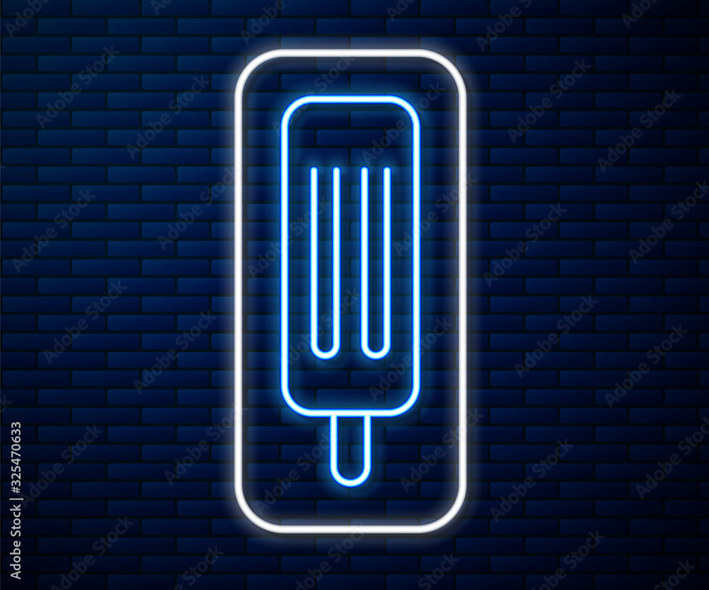 Glowing neon line Ice cream icon isolated on brick wall background. Sweet symbol.  Vector Illustrati