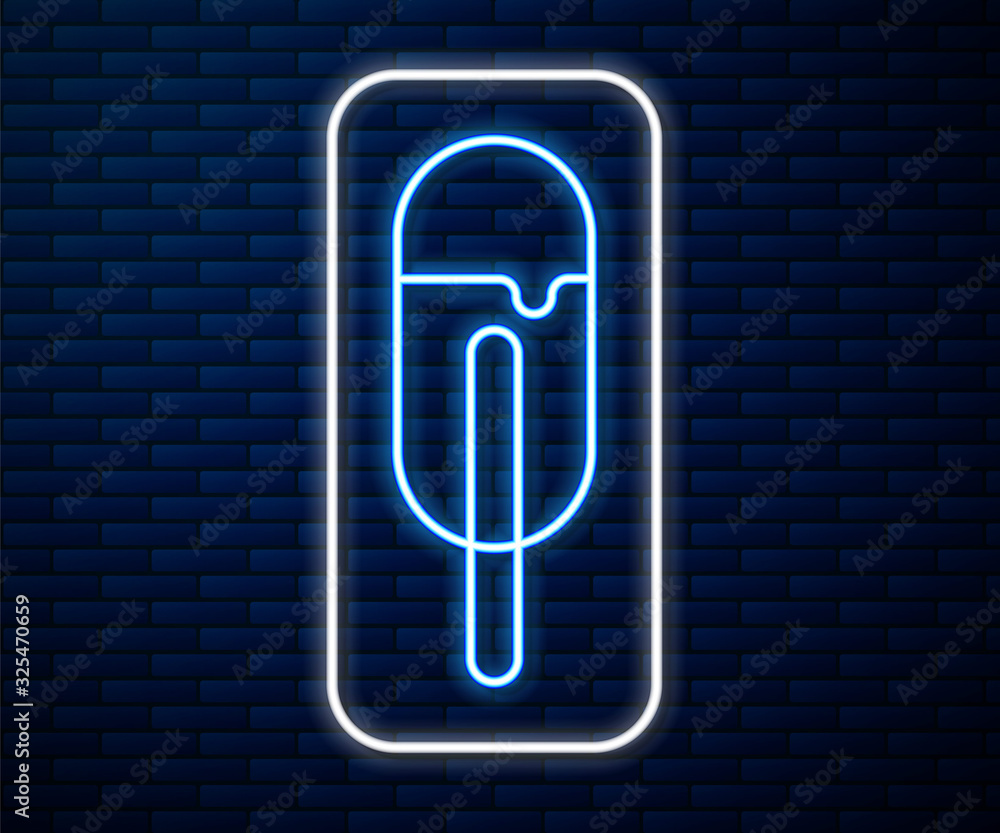 Glowing neon line Ice cream icon isolated on brick wall background. Sweet symbol.  Vector Illustrati