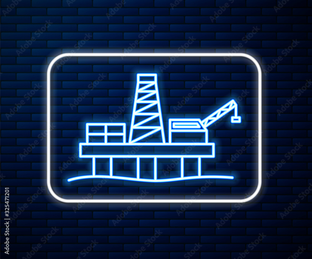 Glowing neon line Oil platform in the sea icon isolated on brick wall background. Drilling rig at se