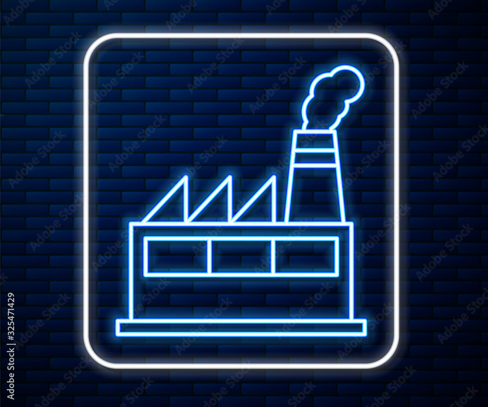 闪闪发光的霓虹灯线石油和天然气工业厂房图标隔离在砖墙背景上。V