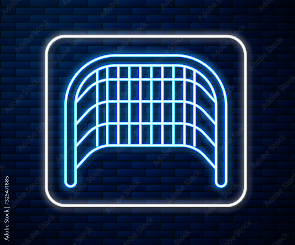 Glowing neon line Ice hockey goal with net for goalkeeper icon isolated on brick wall background.  V