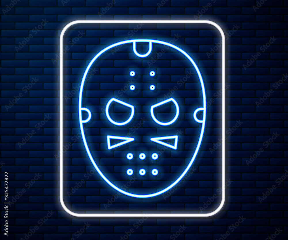 Glowing neon line Hockey mask icon isolated on brick wall background.  Vector Illustration