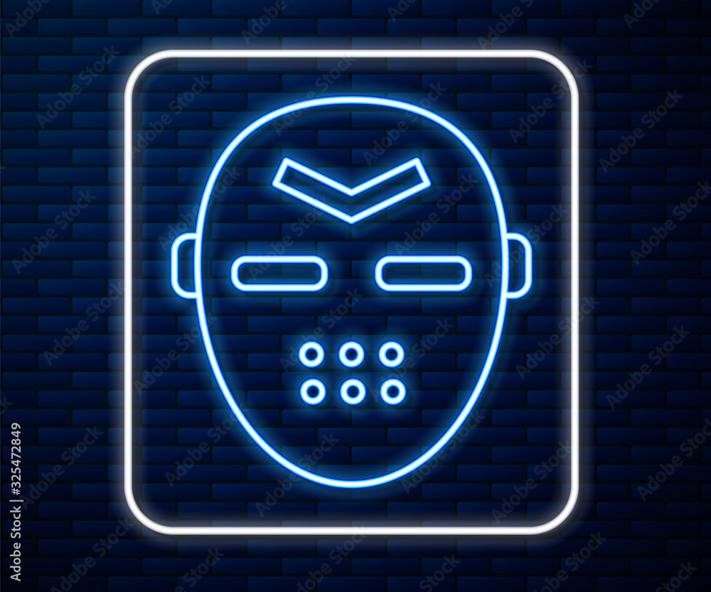 Glowing neon line Hockey mask icon isolated on brick wall background.  Vector Illustration