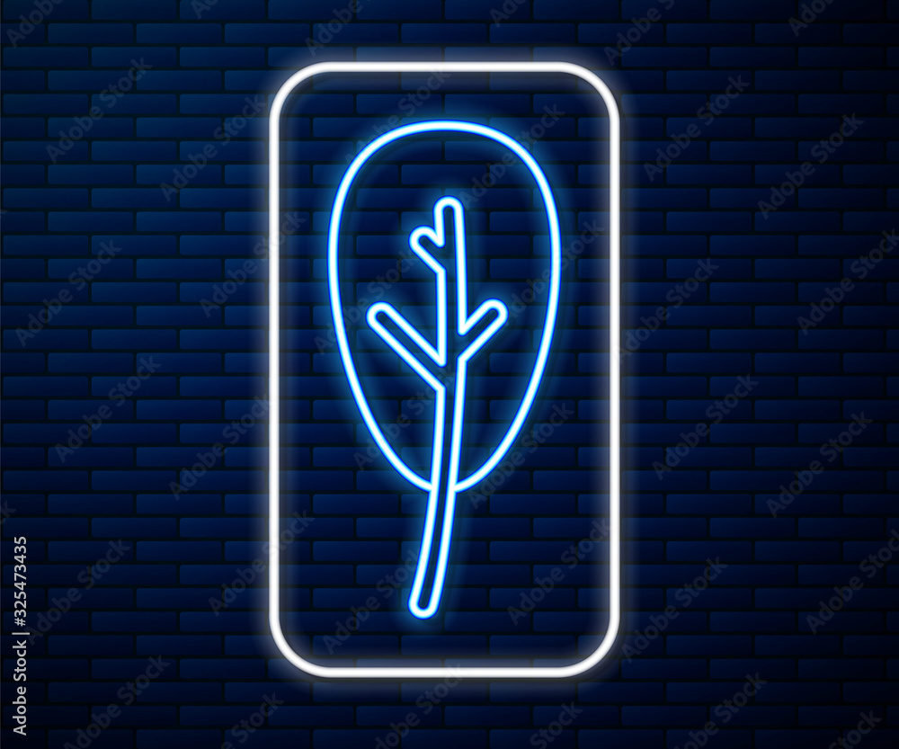 Glowing neon line Leaf icon isolated on brick wall background. Leaves sign. Fresh natural product sy