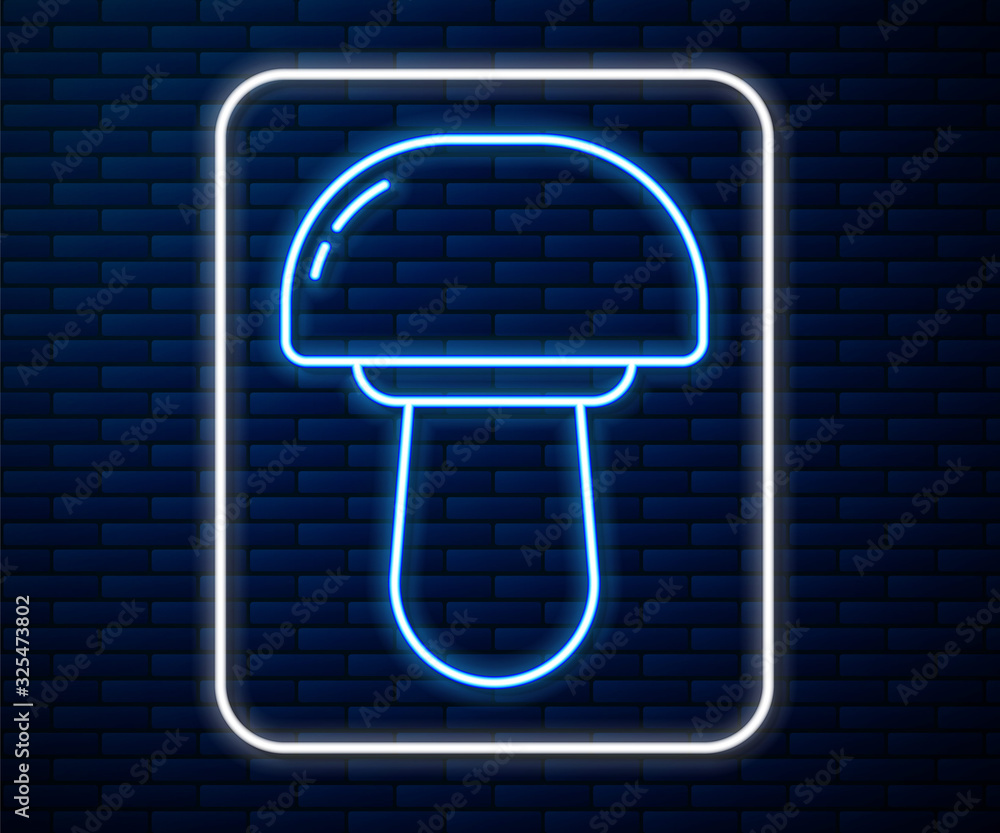 Glowing neon line Mushroom icon isolated on brick wall background. Vector Illustration