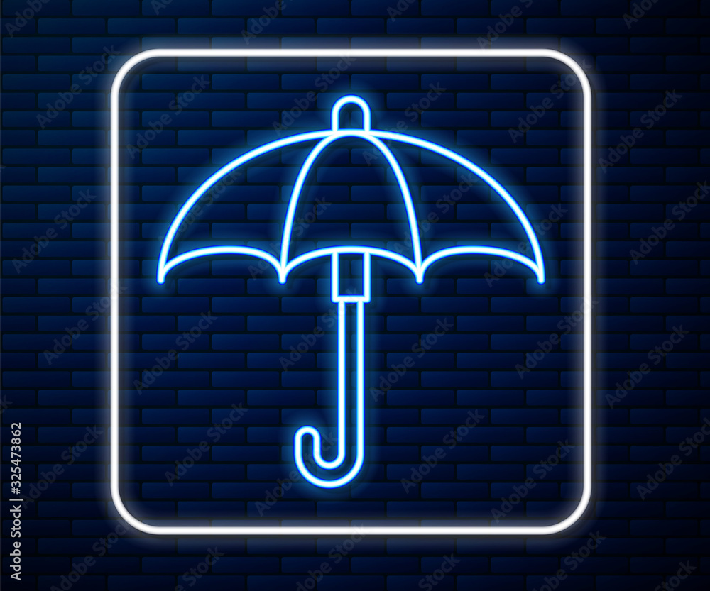 Glowing neon line Classic elegant opened umbrella icon isolated on brick wall background. Rain prote