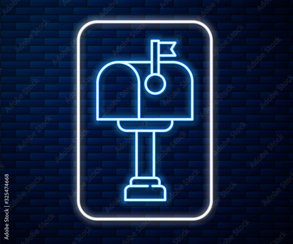 Glowing neon line Mail box icon isolated on brick wall background. Mailbox icon. Mail postbox on pol