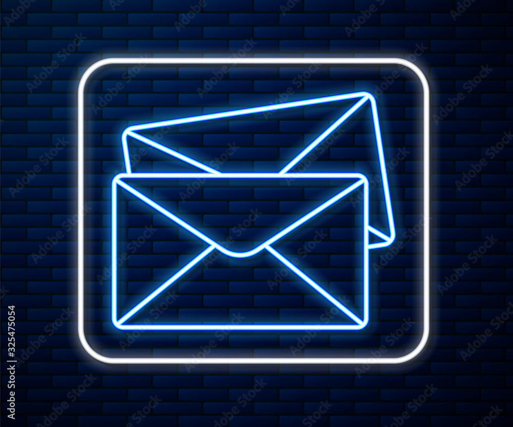 Glowing neon line Envelope icon isolated on brick wall background. Email message letter symbol. Vect