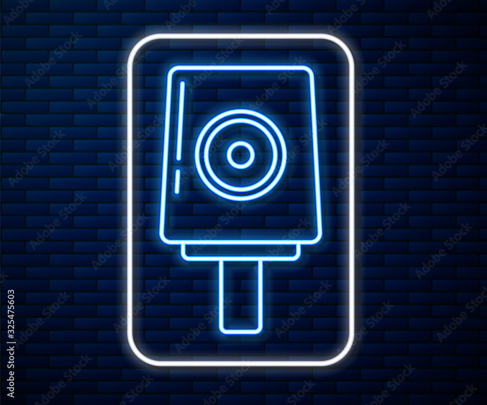 Glowing neon line Spray can nozzle cap icon isolated on brick wall background. Vector Illustration