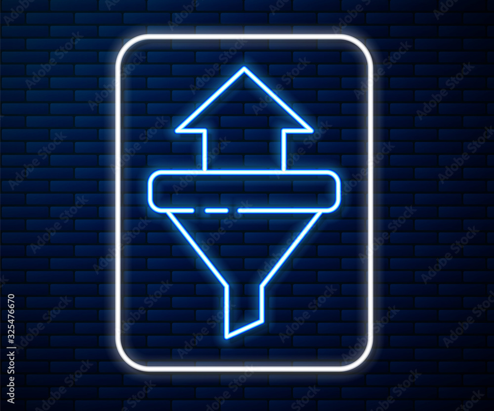 Glowing neon line Sales funnel with arrows for marketing and startup business icon isolated on brick