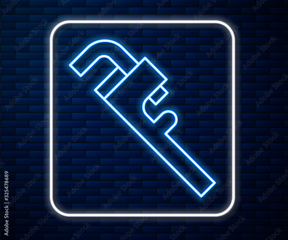 Glowing neon line Pipe adjustable wrench icon isolated on brick wall background. Vector Illustration