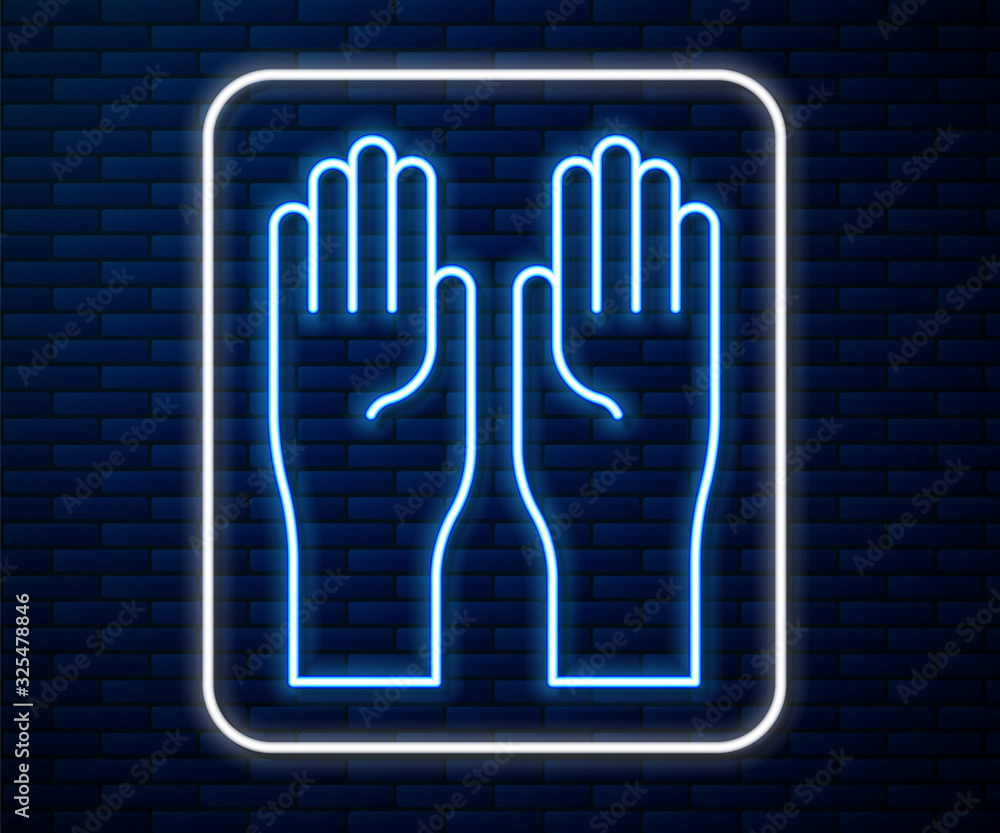 Glowing neon line Rubber gloves icon isolated on brick wall background. Latex hand protection sign. 