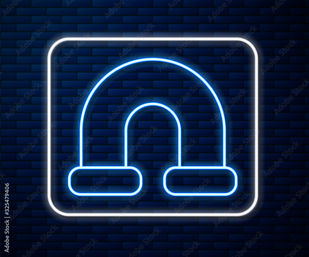 Glowing neon line Industry metallic pipe icon isolated on brick wall background. Plumbing pipeline p