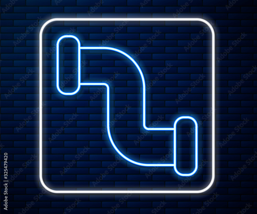 Glowing neon line Industry metallic pipe icon isolated on brick wall background. Plumbing pipeline p