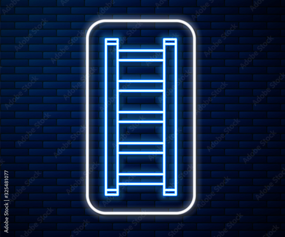 Glowing neon line Fire escape icon isolated on brick wall background. Pompier ladder. Fireman scalin