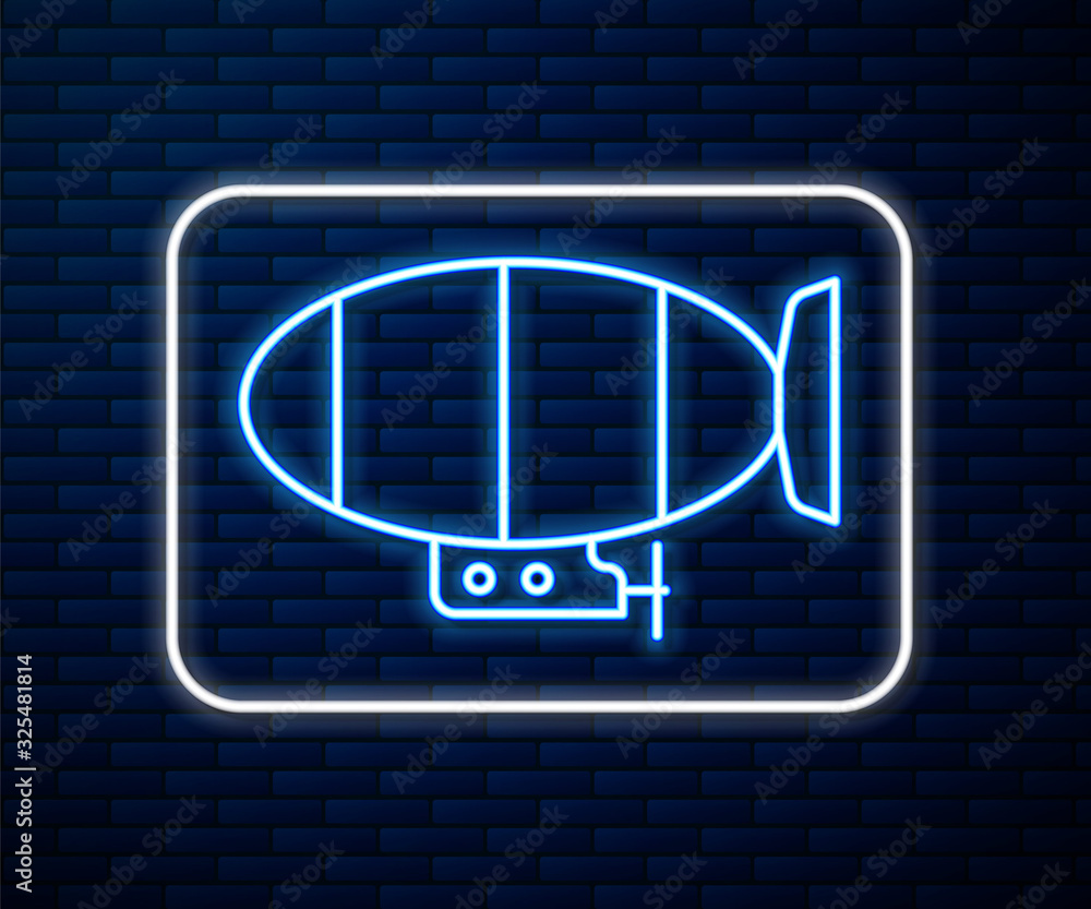 Glowing neon line Airship icon isolated on brick wall background. Vector Illustration