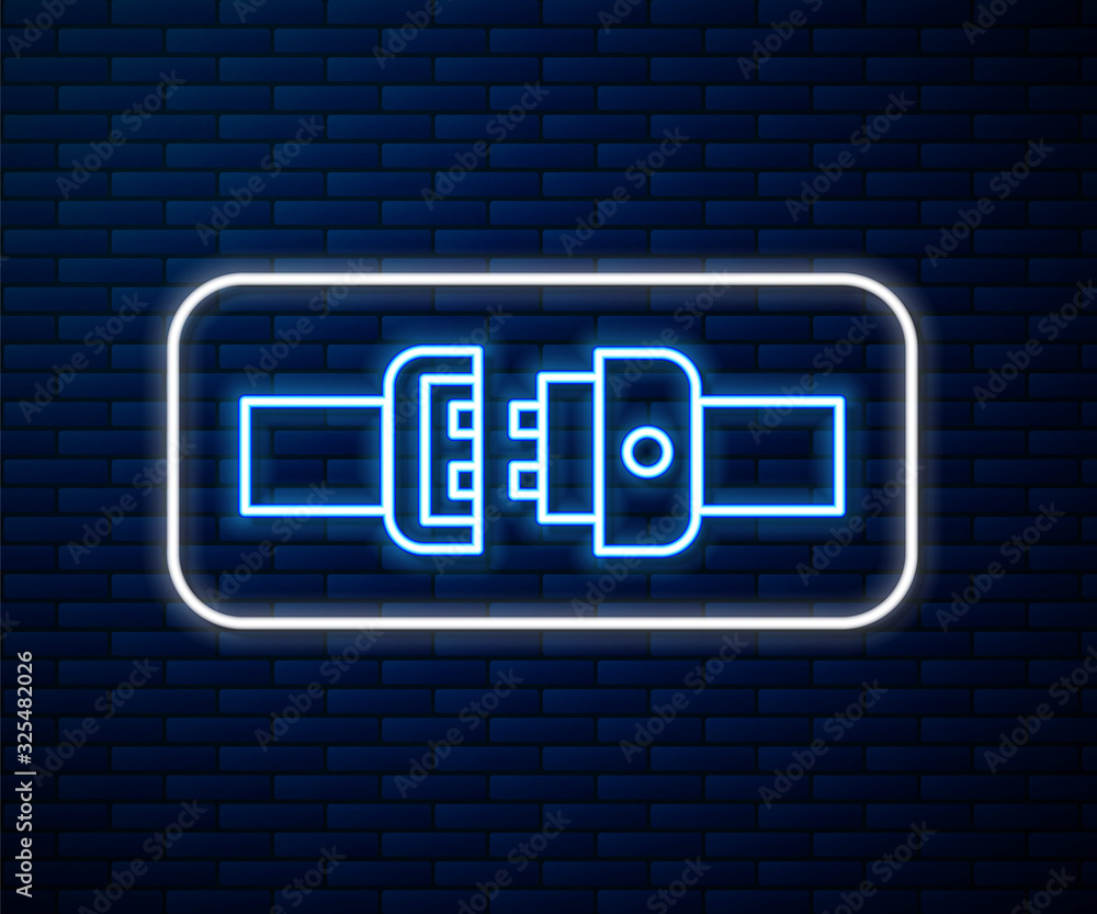 Glowing neon line Safety belt icon isolated on brick wall background. Seat belt. Vector Illustration