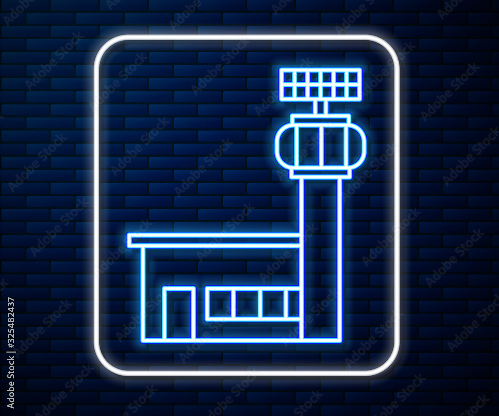 闪闪发光的霓虹灯线机场控制塔图标被隔离在砖墙背景上。矢量插图