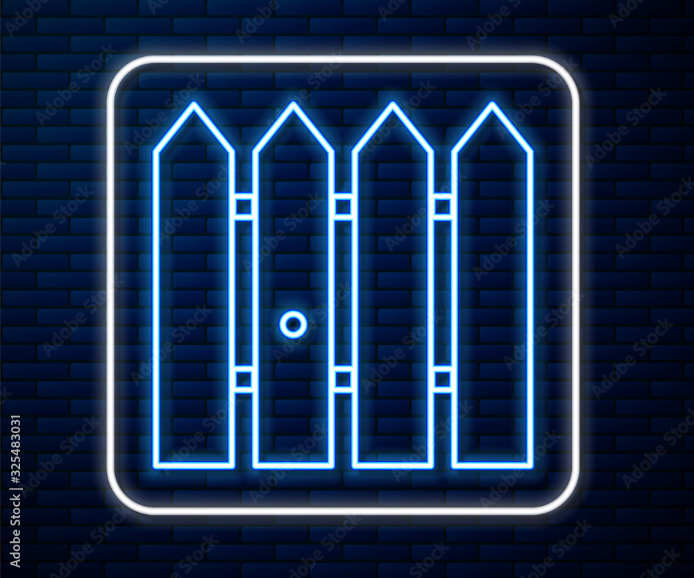 Glowing neon line Garden fence wooden icon isolated on brick wall background. Vector Illustration