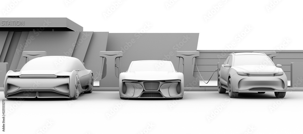 Clay rendering of electric cars charging at Public Charging Station. Front view. 3D rendering image.