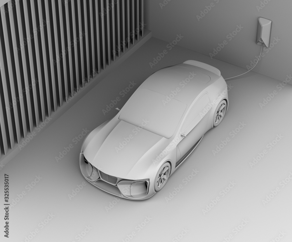 Electric sports car connect to power supply at home. Sustainable lifestyle concept. 3D clay renderin